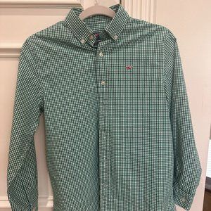 Vineyard Vines: Green/White check button-up; M/12-14
